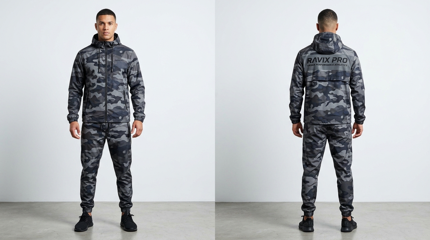 Custom Blue Camo Hooded Tracksuit Custom Blue Camo Hooded Tracksuit – front and back view, custom manufactured by Ravix Pro Industry, Sialkot