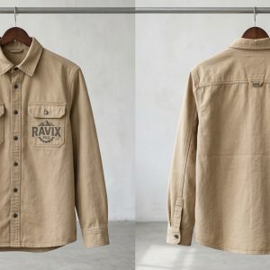 Custom Khaki Overshirt with Embroidered Badge – front and back view, custom manufactured by Ravix Pro Industry, Sialkot