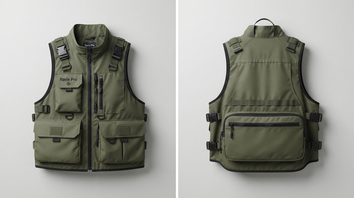 Custom Olive Tactical Utility Vest Custom Olive Tactical Utility Vest – front and back view, custom manufactured by Ravix Pro Industry, Sialkot