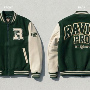 Custom Green and Cream Varsity Jacket with Chenille Letter – front and back view, custom manufactured by Ravix Pro Industry, Sialkot
