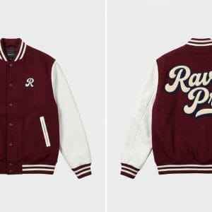 Custom Maroon and White Varsity Jacket with Script – front and back view, custom manufactured by Ravix Pro Industry, Sialkot