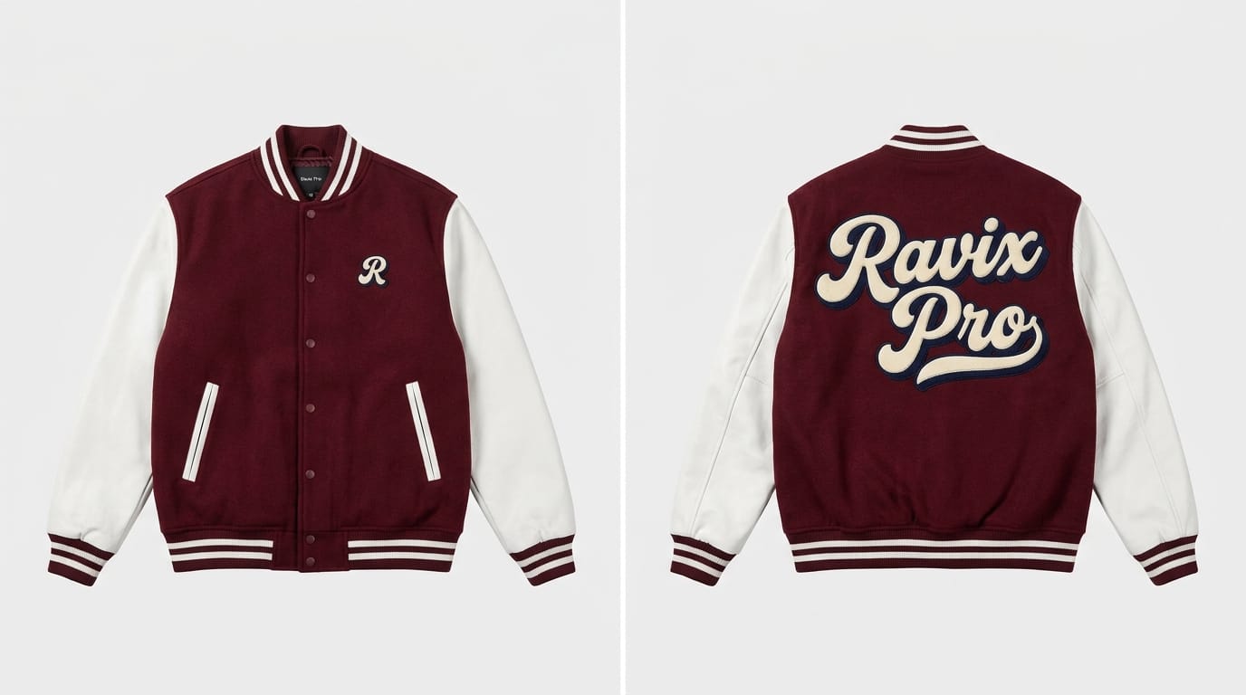 Custom Maroon and White Varsity Jacket with Script Custom Maroon and White Varsity Jacket with Script – front and back view, custom manufactured by Ravix Pro Industry, Sialkot