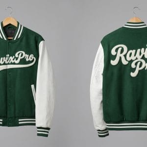 Custom Green Varsity Jacket with White Chenille Script – front and back view, custom manufactured by Ravix Pro Industry, Sialkot
