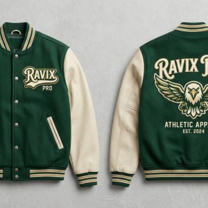 Custom Green and Cream Varsity with Eagle Back – front and back view, custom manufactured by Ravix Pro Industry, Sialkot