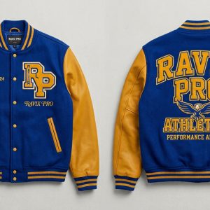 Custom Royal Blue and Gold Athletics Varsity – front and back view, custom manufactured by Ravix Pro Industry, Sialkot