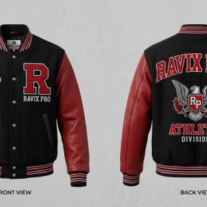 Custom Black and Red Varsity with Eagle Division Back – front and back view, custom manufactured by Ravix Pro Industry, Sialkot