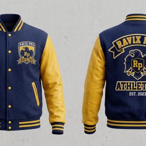 Custom Navy and Gold Varsity with Eagle Athletics Back – front and back view, custom manufactured by Ravix Pro Industry, Sialkot