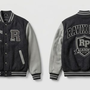 Custom Charcoal and Grey Academy Varsity – front and back view, custom manufactured by Ravix Pro Industry, Sialkot