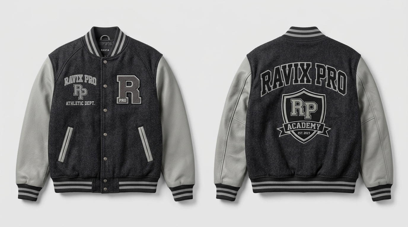 Custom Charcoal and Grey Academy Varsity Custom Charcoal and Grey Academy Varsity – front and back view, custom manufactured by Ravix Pro Industry, Sialkot