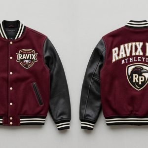 Custom Maroon and Black Athletics Varsity Jacket – front and back view, custom manufactured by Ravix Pro Industry, Sialkot