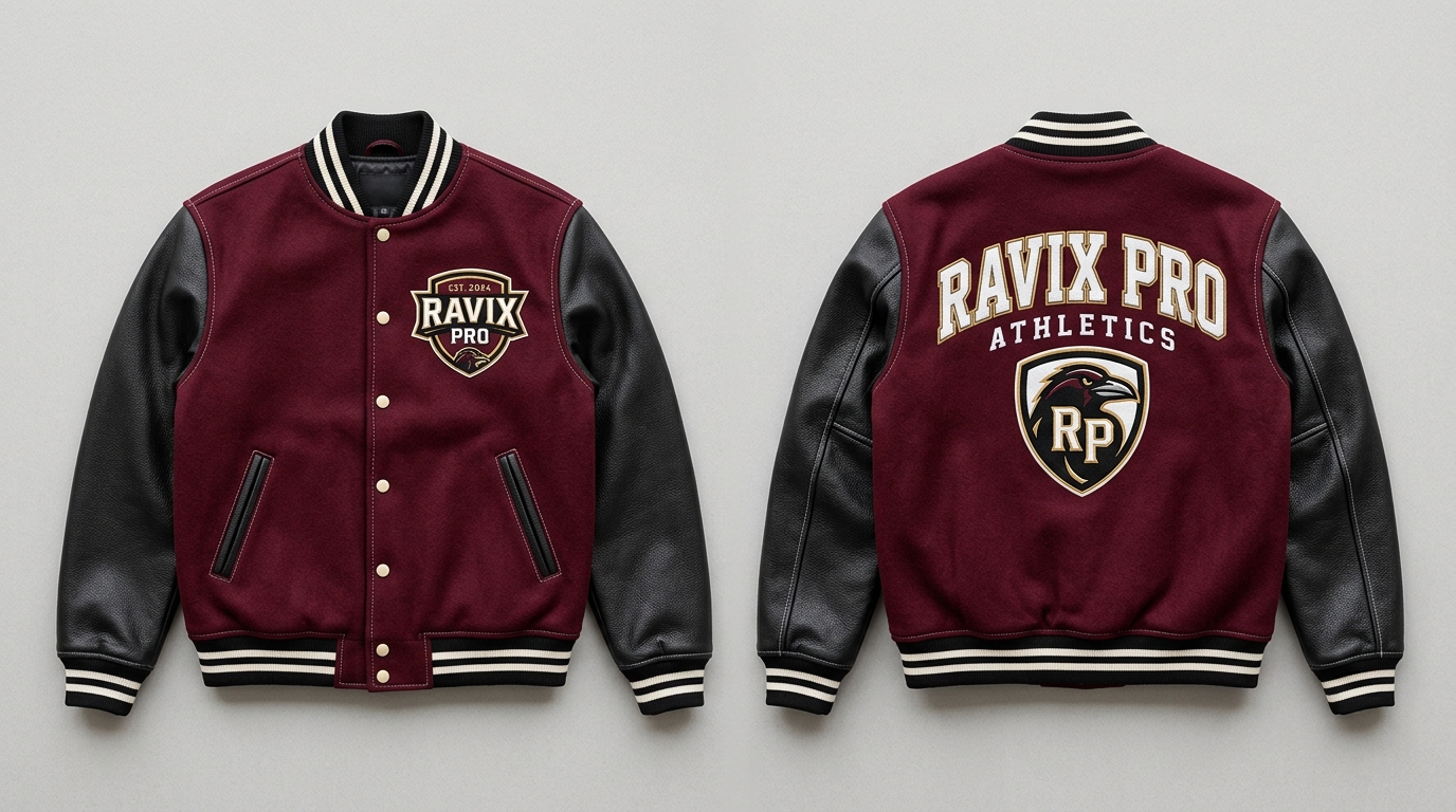 Custom Maroon and Black Athletics Varsity Jacket Custom Maroon and Black Athletics Varsity Jacket – front and back view, custom manufactured by Ravix Pro Industry, Sialkot
