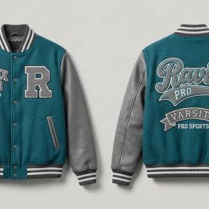 Custom Teal and Grey Varsity with Script Banner – front and back view, custom manufactured by Ravix Pro Industry, Sialkot