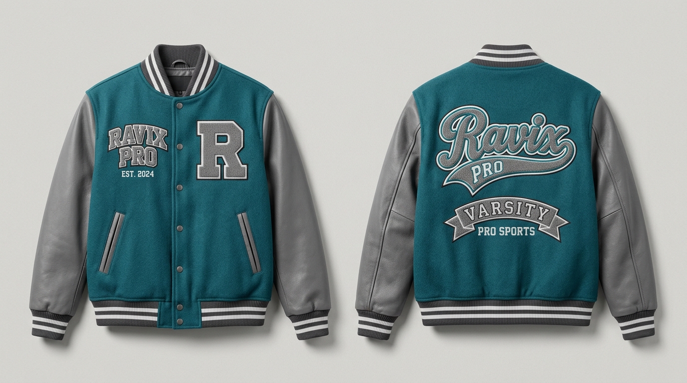 Custom Teal and Grey Varsity with Script Banner Custom Teal and Grey Varsity with Script Banner – front and back view, custom manufactured by Ravix Pro Industry, Sialkot