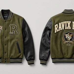 Custom Olive and Black Varsity with Shield Crest – front and back view, custom manufactured by Ravix Pro Industry, Sialkot