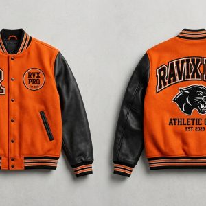 Custom Orange and Black Varsity with Panther Back – front and back view, custom manufactured by Ravix Pro Industry, Sialkot