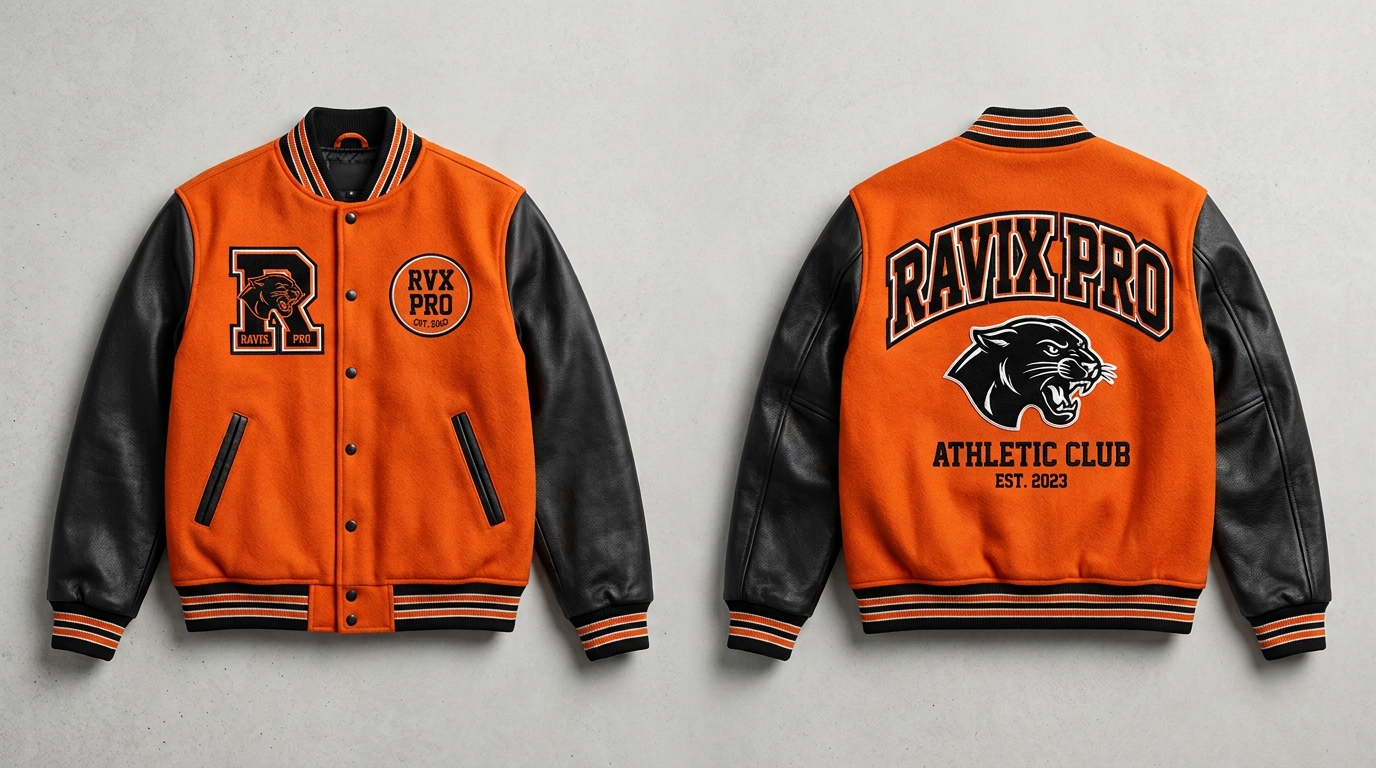 Custom Orange and Black Varsity with Panther Back Custom Orange and Black Varsity with Panther Back – front and back view, custom manufactured by Ravix Pro Industry, Sialkot