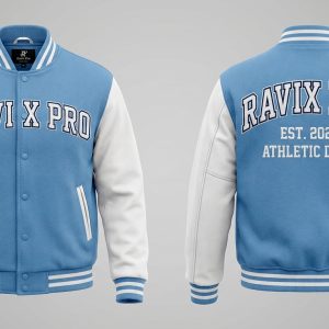 Custom Sky Blue and White Varsity with Athletic Dept – front and back view, custom manufactured by Ravix Pro Industry, Sialkot