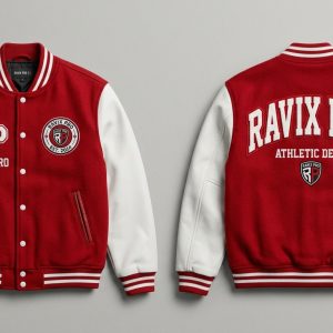 Custom Red and White Varsity with Athletic Dept Patches – front and back view, custom manufactured by Ravix Pro Industry, Sialkot