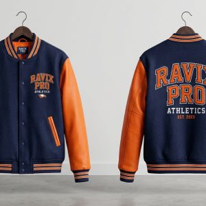 Custom Navy and Orange Athletics Varsity Jacket – front and back view, custom manufactured by Ravix Pro Industry, Sialkot