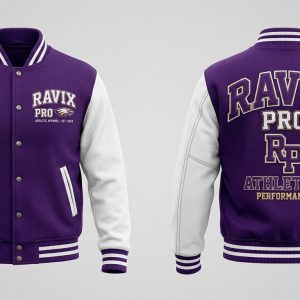 Custom Purple and White Athletics Performance Varsity – front and back view, custom manufactured by Ravix Pro Industry, Sialkot