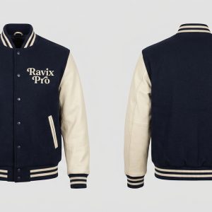 Custom Navy and Cream Varsity with Script Patch – front and back view, custom manufactured by Ravix Pro Industry, Sialkot