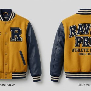 Custom Mustard and Navy Athletic Dept Varsity – front and back view, custom manufactured by Ravix Pro Industry, Sialkot