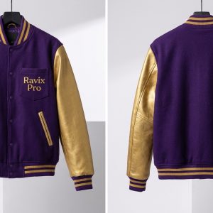 Custom Purple and Gold Varsity with Gold Script – front and back view, custom manufactured by Ravix Pro Industry, Sialkot
