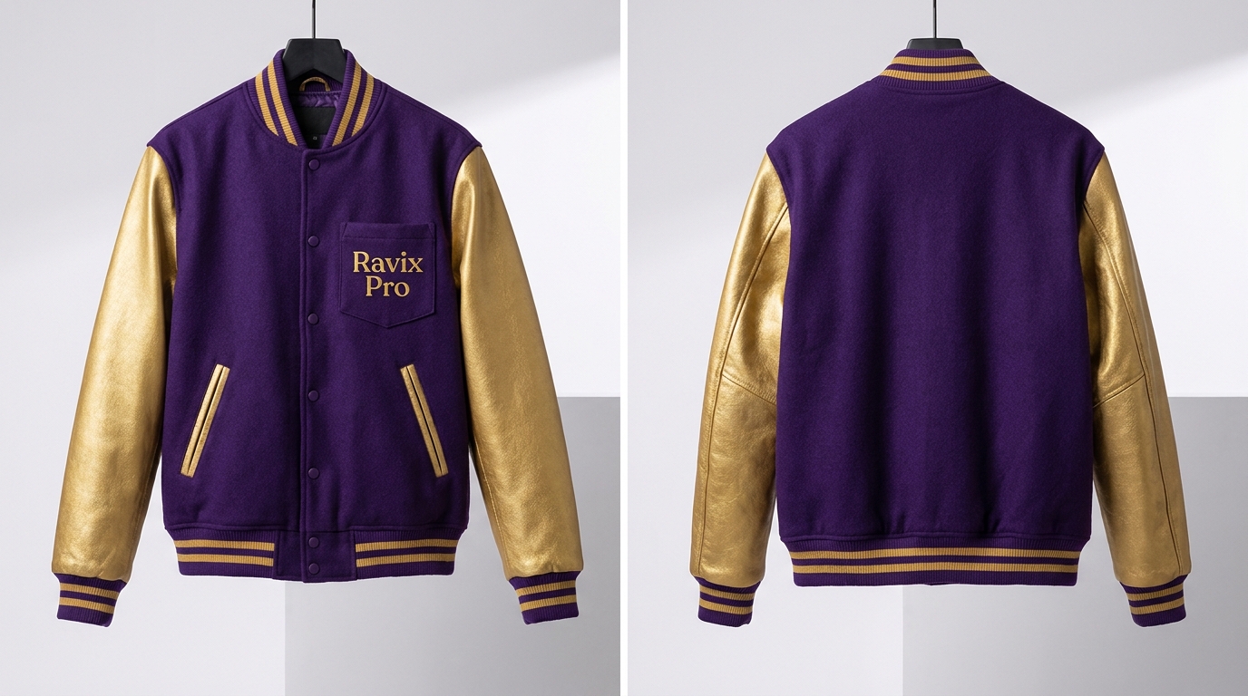 Custom Purple and Gold Varsity with Gold Script Custom Purple and Gold Varsity with Gold Script – front and back view, custom manufactured by Ravix Pro Industry, Sialkot