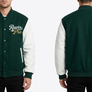 Custom Green and White Varsity with Gold Script – front and back view, custom manufactured by Ravix Pro Industry, Sialkot