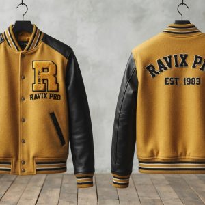 Custom Mustard and Black Varsity with Est. Lettering – front and back view, custom manufactured by Ravix Pro Industry, Sialkot