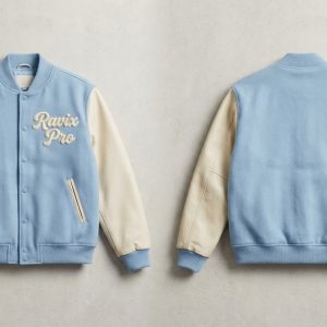 Custom Sky Blue and Cream Varsity Jacket – front and back view, custom manufactured by Ravix Pro Industry, Sialkot