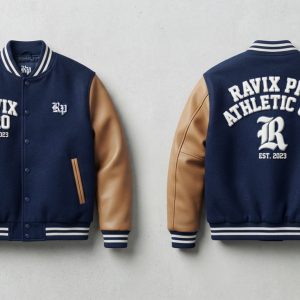 Custom Navy and Tan Varsity with Athletic Co. Back – front and back view, custom manufactured by Ravix Pro Industry, Sialkot