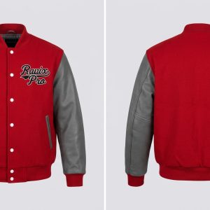 Custom Red and Grey Varsity Jacket with Chest Script – front and back view, custom manufactured by Ravix Pro Industry, Sialkot