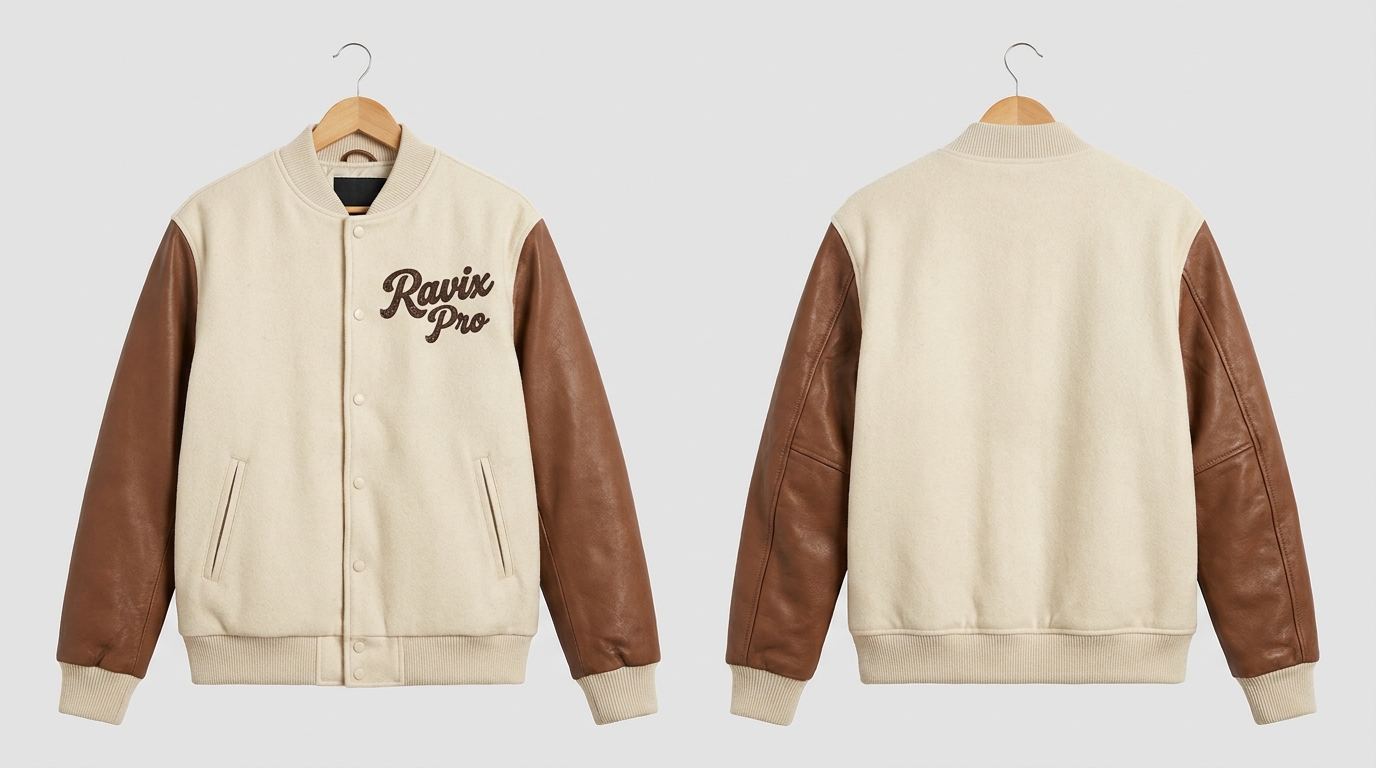 Custom Cream and Brown Leather Sleeve Varsity Jacket Custom Cream and Brown Leather Sleeve Varsity Jacket – front and back view, custom manufactured by Ravix Pro Industry, Sialkot