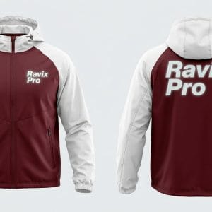 Custom Maroon Hooded Varsity Jacket – front and back view, custom manufactured by Ravix Pro Industry, Sialkot