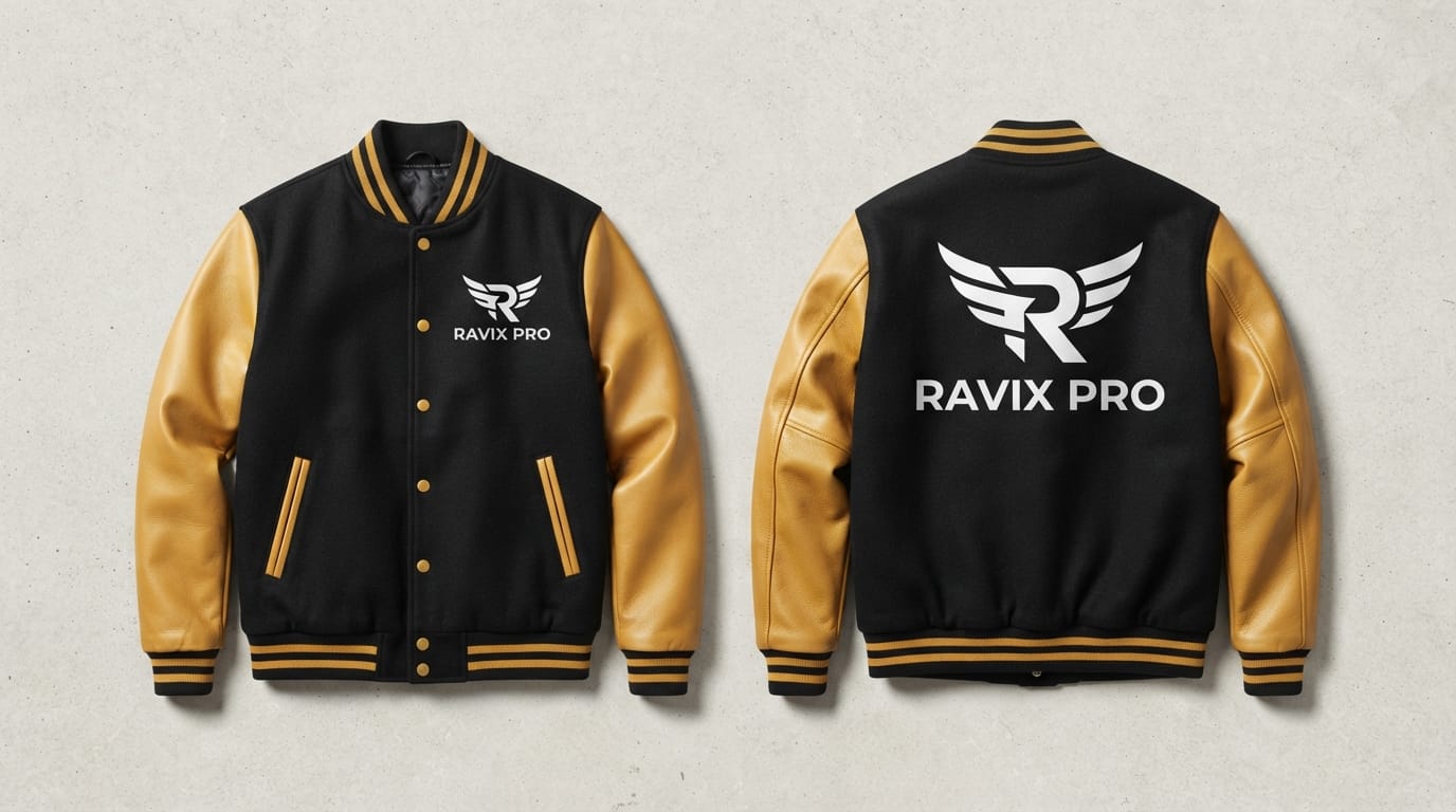 Custom Black and Gold Varsity Jacket with Logo Custom Black and Gold Varsity Jacket with Logo – front and back view, custom manufactured by Ravix Pro Industry, Sialkot
