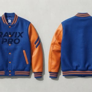 Custom Royal Blue and Orange Varsity with Tonal Lettering – front and back view, custom manufactured by Ravix Pro Industry, Sialkot