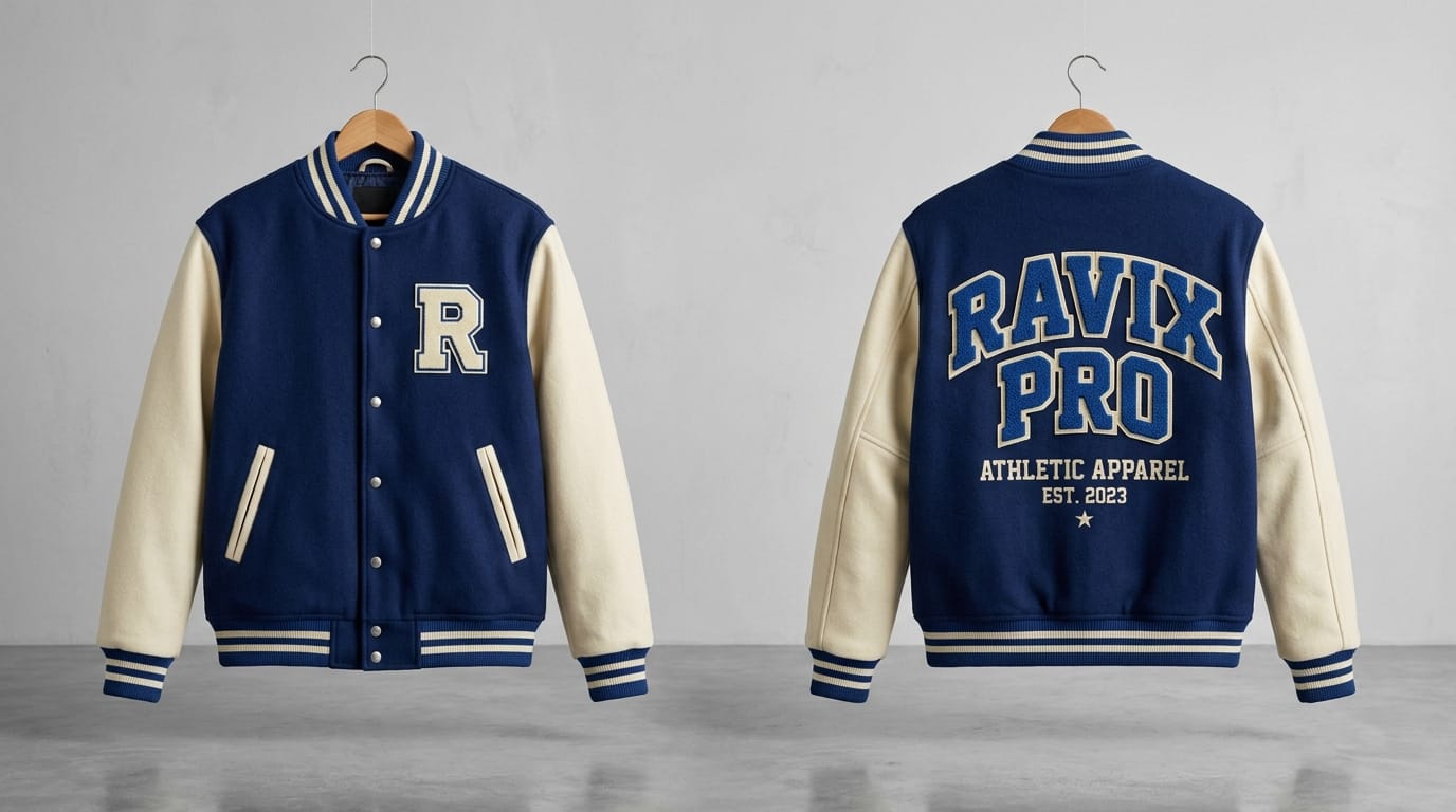 Custom Navy and Cream Varsity Jacket with Chenille Back Custom Navy and Cream Varsity Jacket with Chenille Back – front and back view, custom manufactured by Ravix Pro Industry, Sialkot