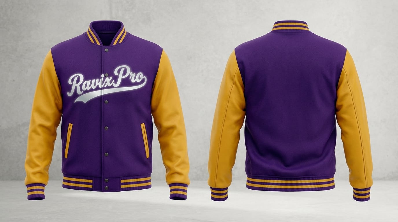 Custom Purple and Gold Varsity Jacket Custom Purple and Gold Varsity Jacket – front and back view, custom manufactured by Ravix Pro Industry, Sialkot
