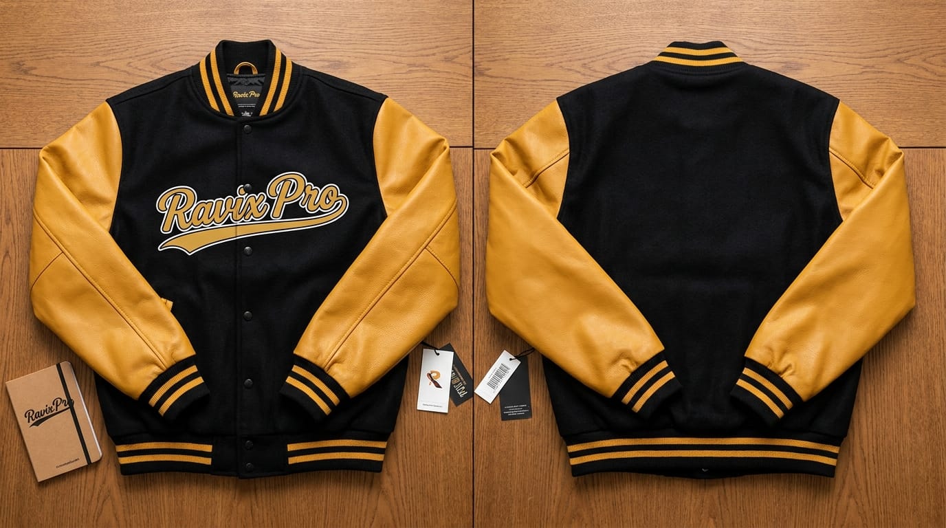 Custom Black and Yellow Varsity Jacket with Chenille Script Custom Black and Yellow Varsity Jacket with Chenille Script – front and back view, custom manufactured by Ravix Pro Industry, Sialkot