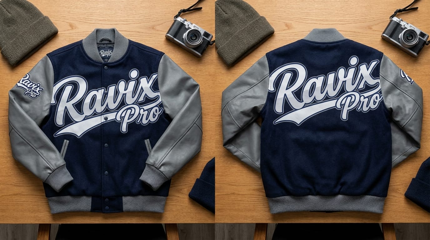 Custom Navy and Grey Varsity Jacket with Script Lettering Custom Navy and Grey Varsity Jacket with Script Lettering – front and back view, custom manufactured by Ravix Pro Industry, Sialkot
