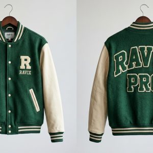 Custom Green and Cream Varsity with Chenille R – front and back view, custom manufactured by Ravix Pro Industry, Sialkot