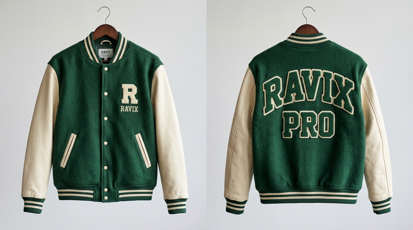 Custom Green and Cream Varsity with Chenille R Custom Green and Cream Varsity with Chenille R – front and back view, custom manufactured by Ravix Pro Industry, Sialkot