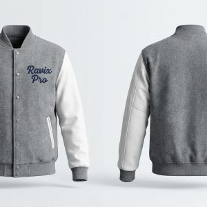Custom Grey and White Varsity Jacket with Script – front and back view, custom manufactured by Ravix Pro Industry, Sialkot