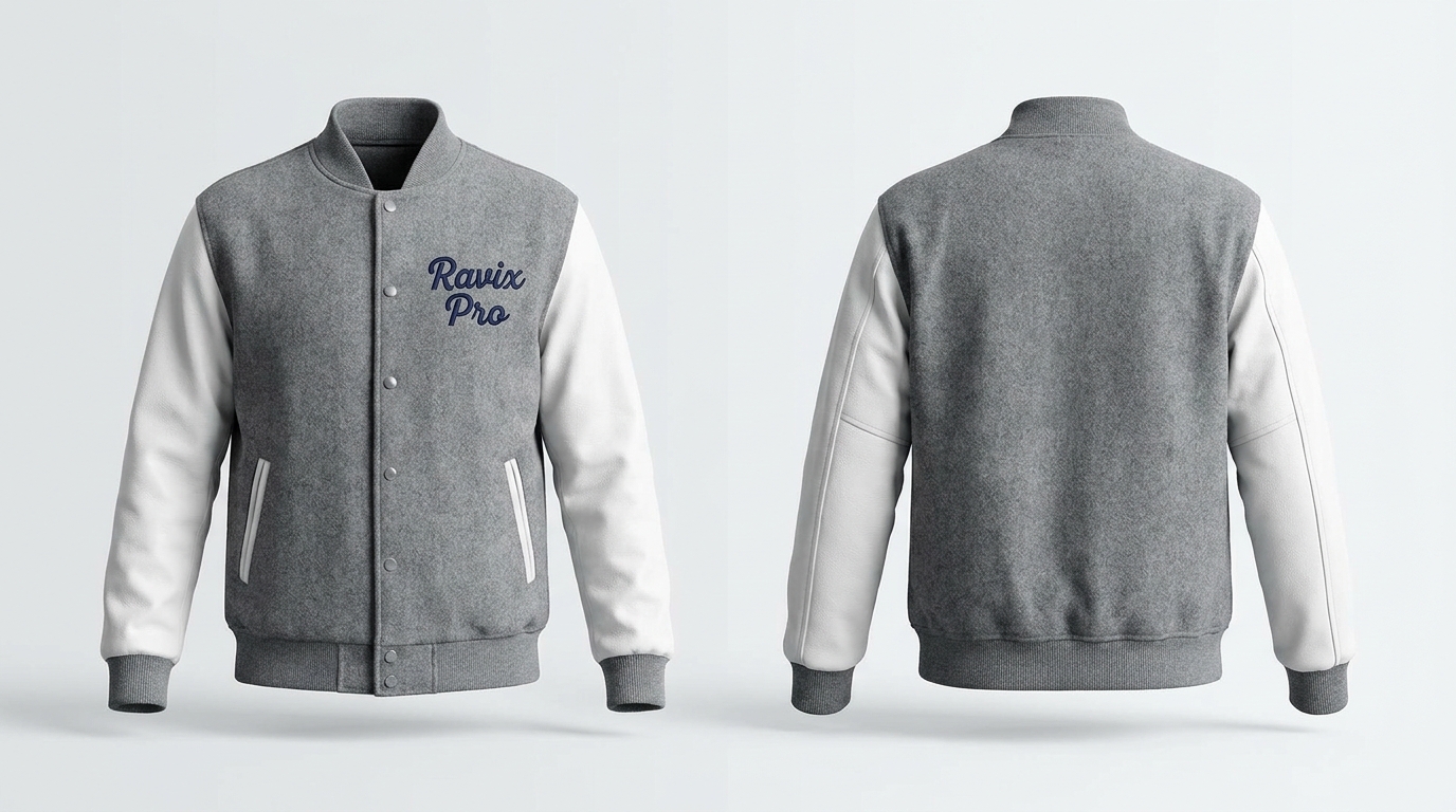 Custom Grey and White Varsity Jacket with Script Custom Grey and White Varsity Jacket with Script – front and back view, custom manufactured by Ravix Pro Industry, Sialkot
