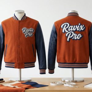 Custom Rust and Navy Varsity Jacket – front and back view, custom manufactured by Ravix Pro Industry, Sialkot