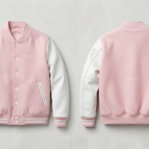 Custom Pink and White Blank Varsity Jacket – front and back view, custom manufactured by Ravix Pro Industry, Sialkot