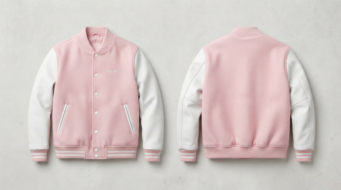 Custom Pink and White Varsity Jacket Custom Pink and White Blank Varsity Jacket – front and back view, custom manufactured by Ravix Pro Industry, Sialkot