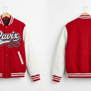 Custom Red and White Varsity Jacket with Script Patch – front and back view, custom manufactured by Ravix Pro Industry, Sialkot