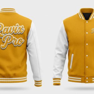 Custom Gold and White Varsity Jacket with Chenille Script – front and back view, custom manufactured by Ravix Pro Industry, Sialkot